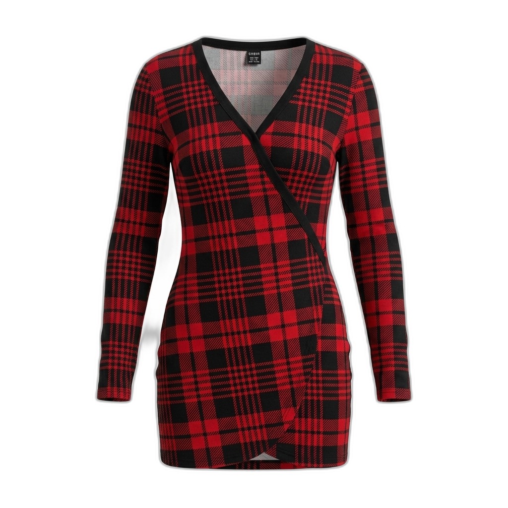Red Black Plaid V-Neck Long Sleeve Wrap Dress