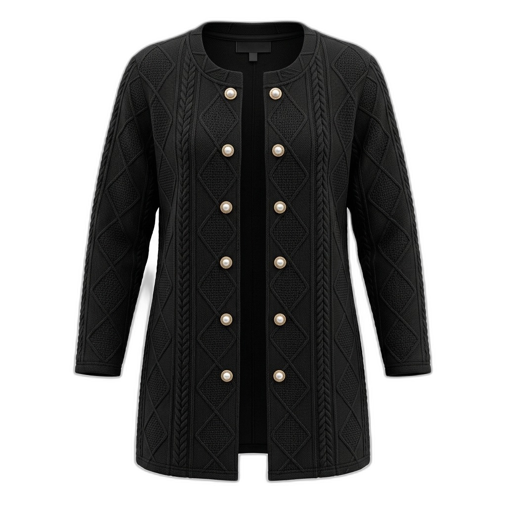 Women's Black Cable Knit Cardigan | Pearl Buttons