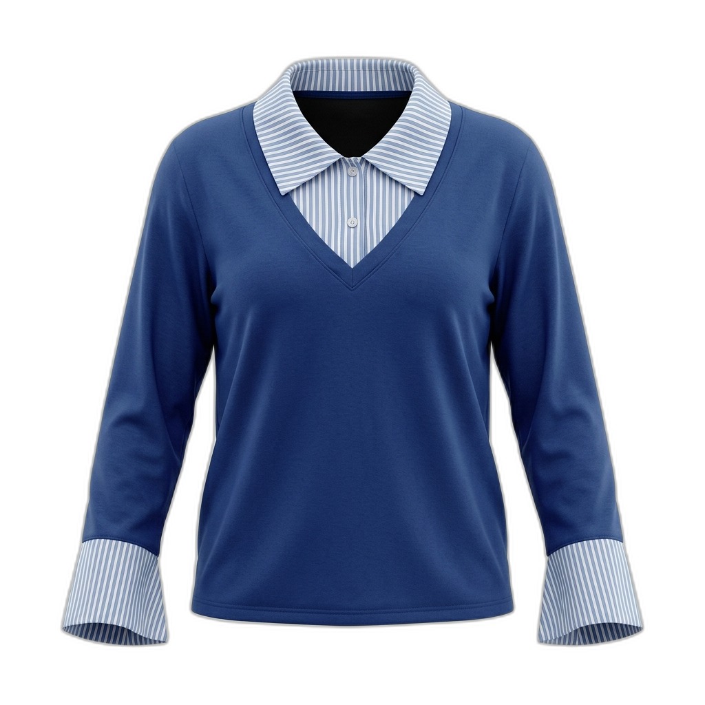 Women's Blue V-Neck Sweater with Striped Shirt