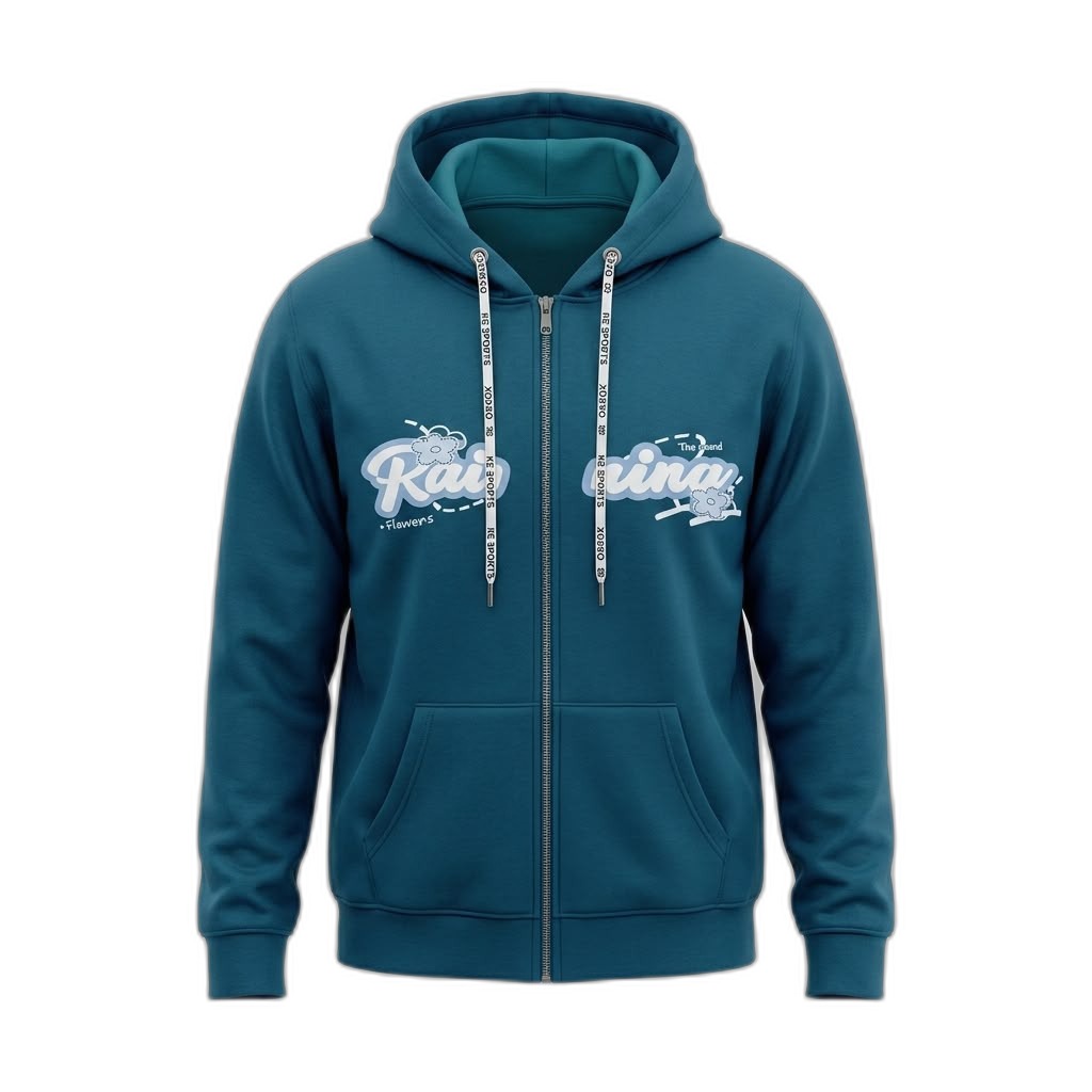 Teal 'Raining Flowers' Graphic Zip-Up Hoodie