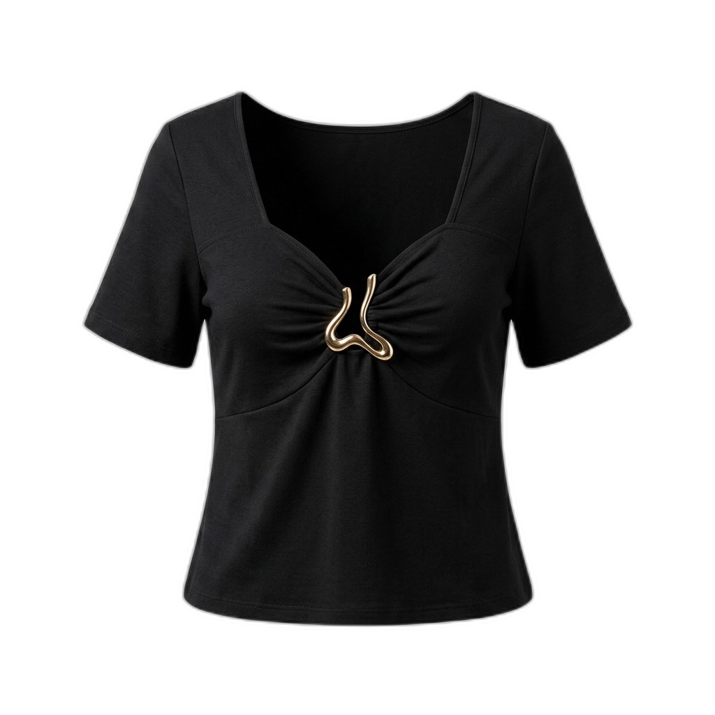 Women's Black Short Sleeve Top with Gold Buckle