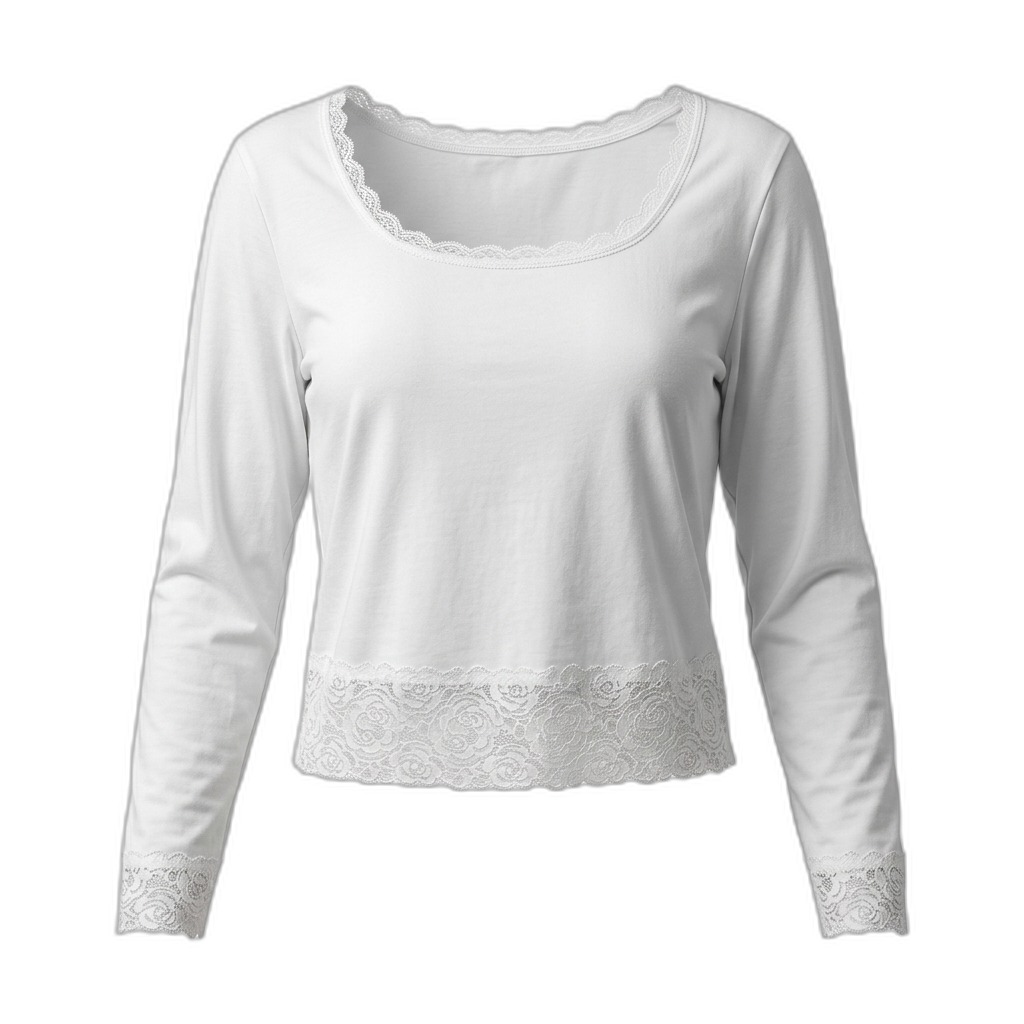 Women's White Lace Trim Long Sleeve Top