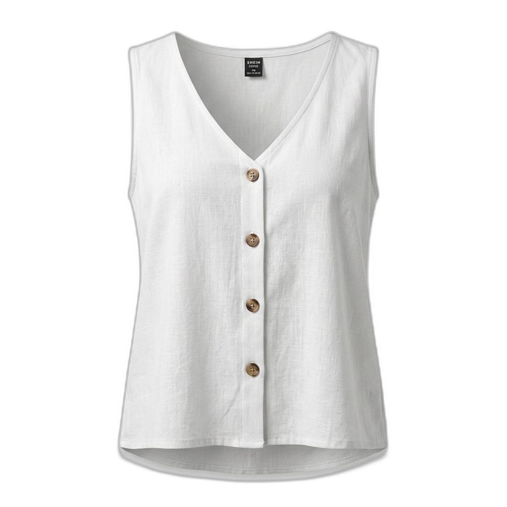 White Sleeveless V-Neck Button-Front Top for Women