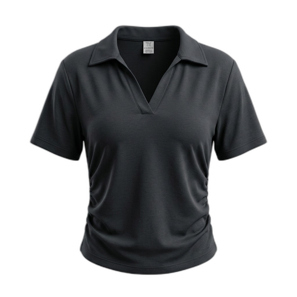Women's Black Ruched V-Neck Polo Shirt