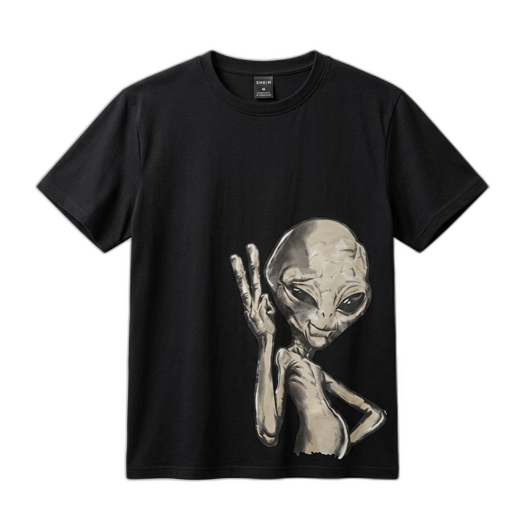 Alien Peace Sign Graphic Black T-Shirt