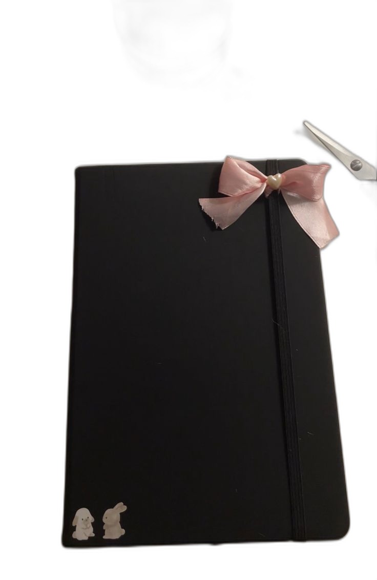 Cute Black Notebook with Ribbon & Bunnies