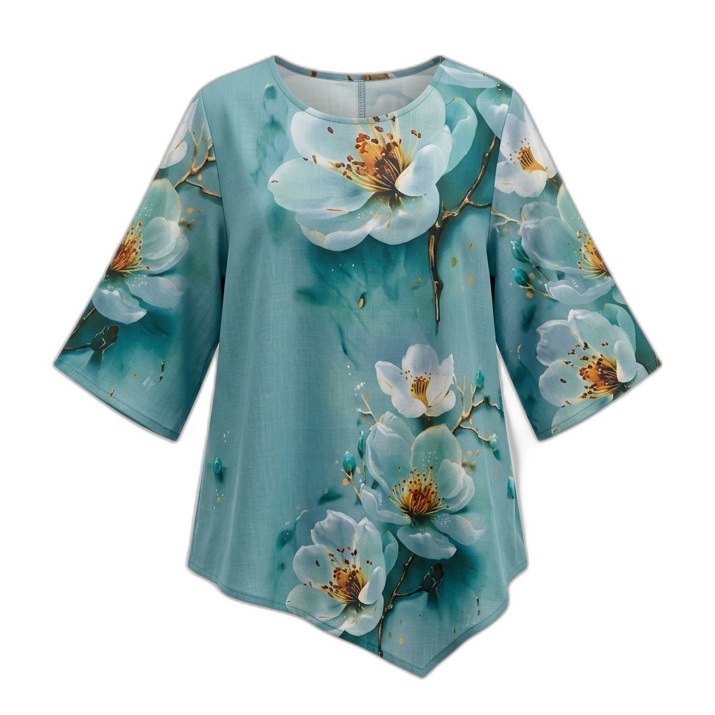 Women's Aqua Floral Tunic Top | Asymmetrical Hem