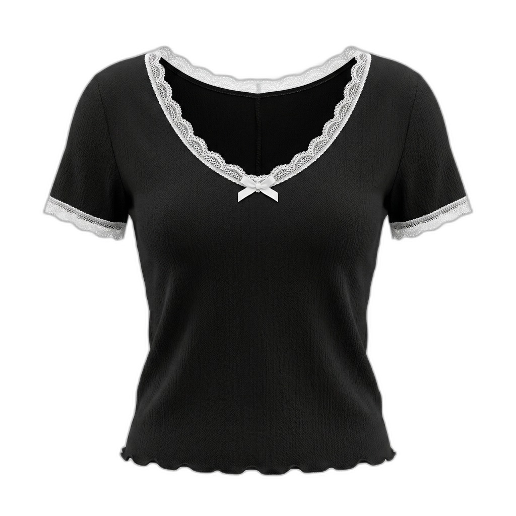 Women's Black Ribbed Lace Trim V-Neck Top