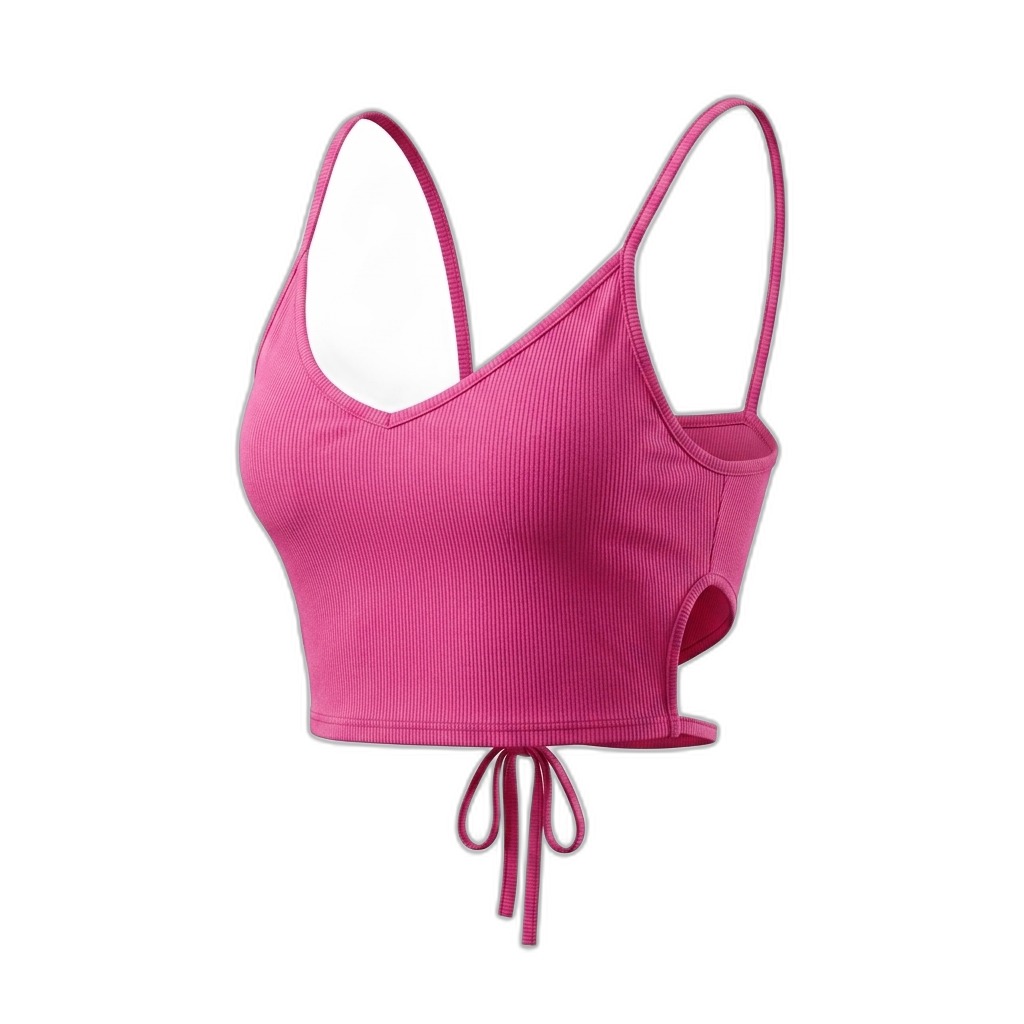 Pink Ribbed Cutout Tie-Back Crop Top for Women