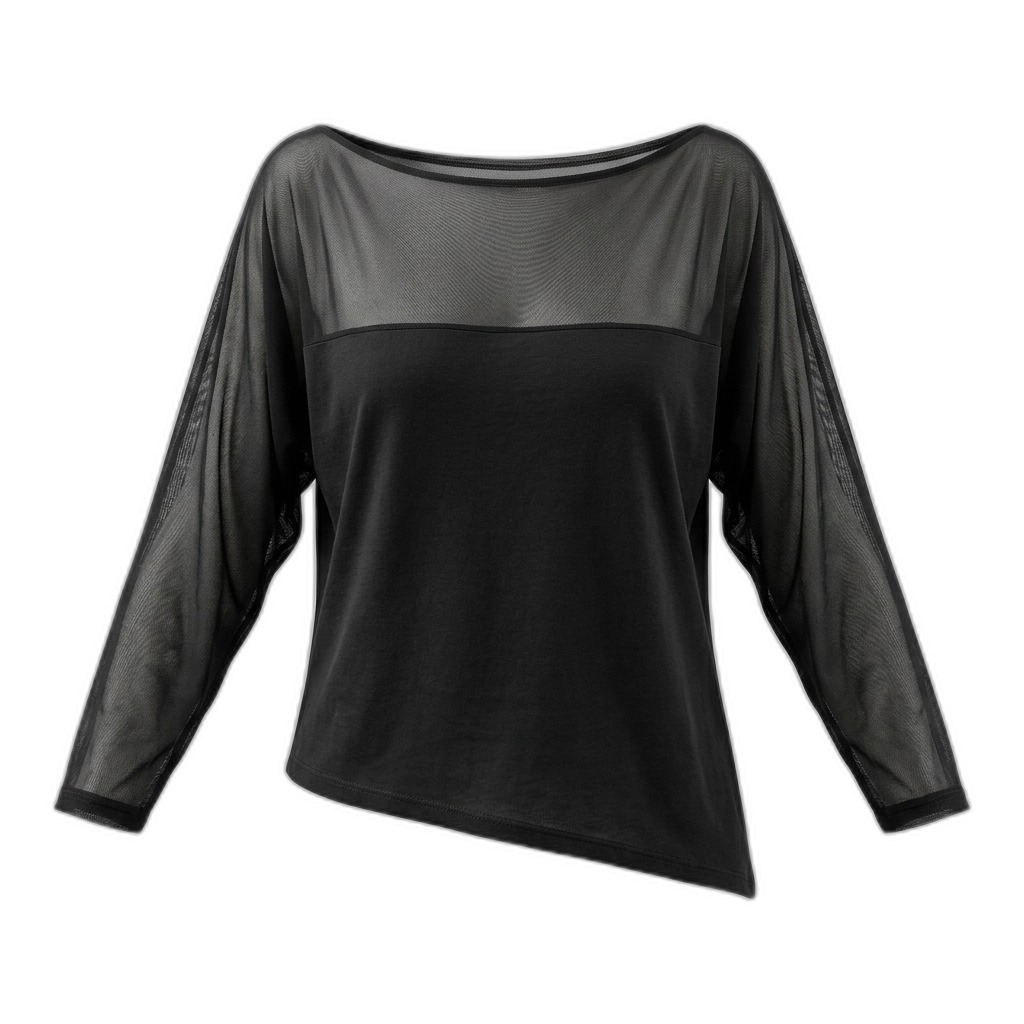 Black Mesh Panel Asymmetrical Long Sleeve Top