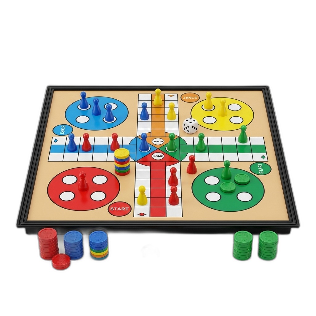 Ludo Board Game with Pawns, Dice & Coins