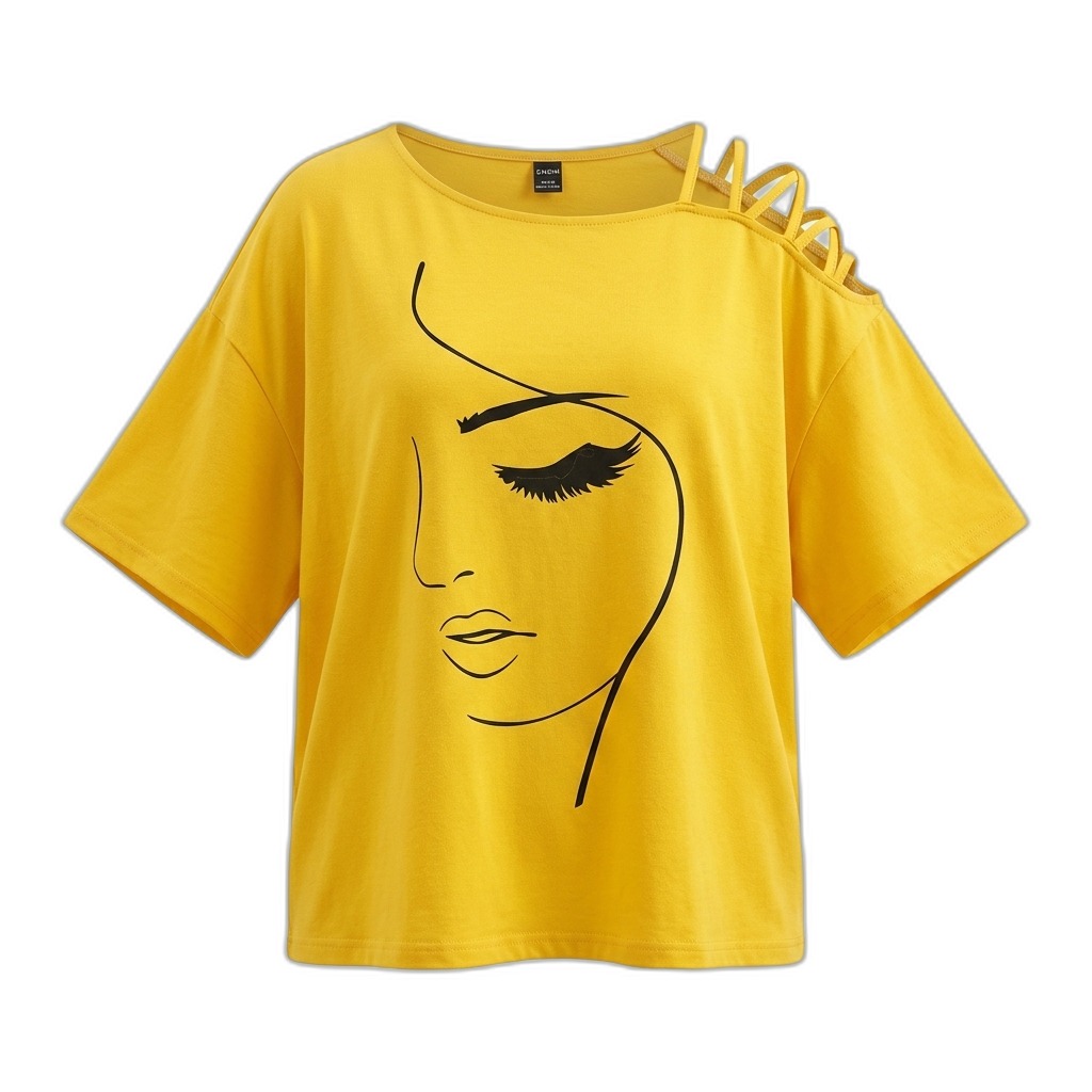 Women's Yellow Graphic Cut Out Shoulder T-Shirt
