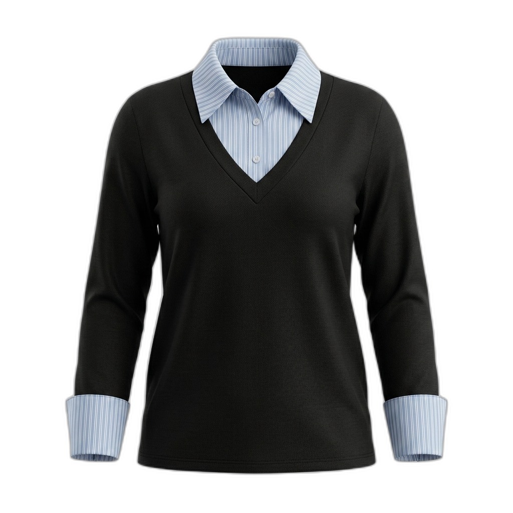 Women's V-Neck Sweater & Striped Shirt Combo