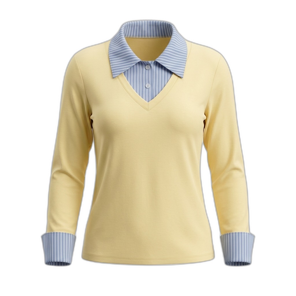 Women's Yellow V-Neck Sweater | Striped Collar