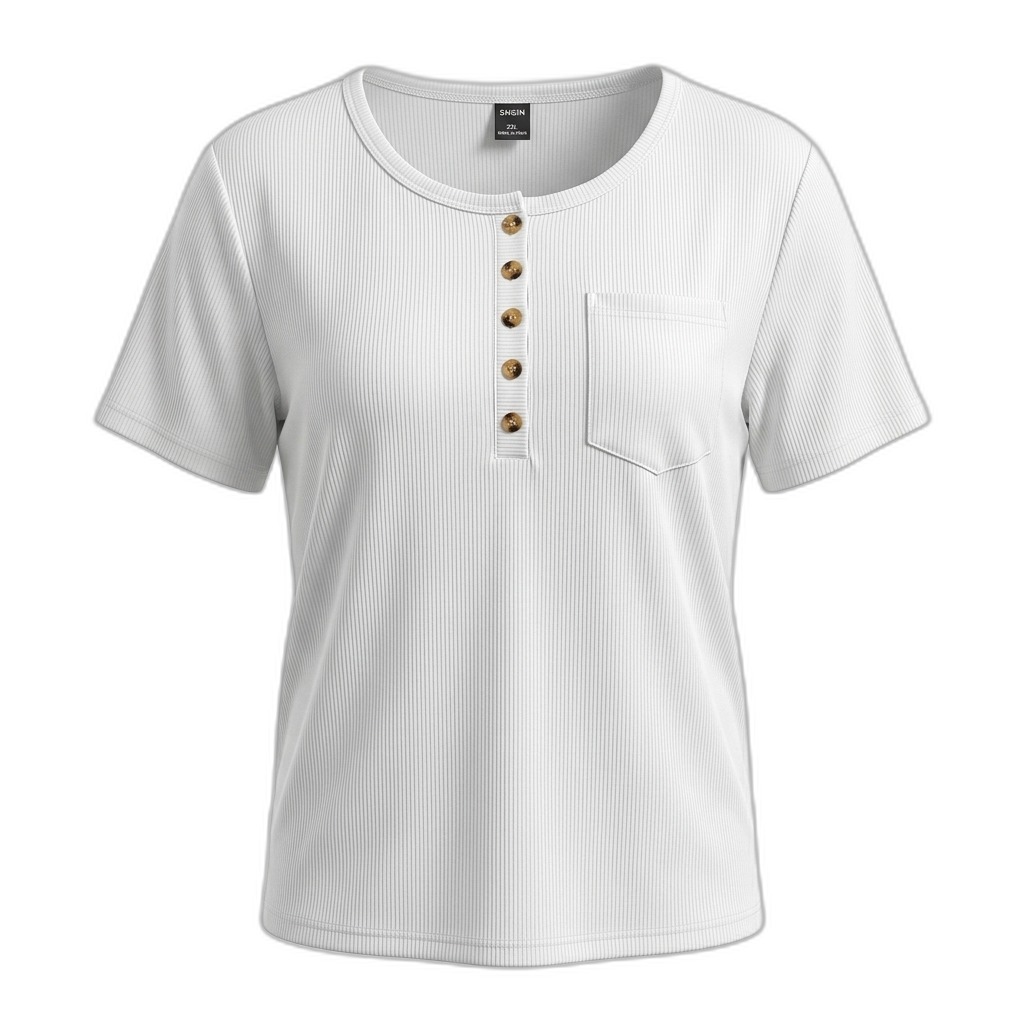 White Ribbed Henley T-Shirt with Pocket