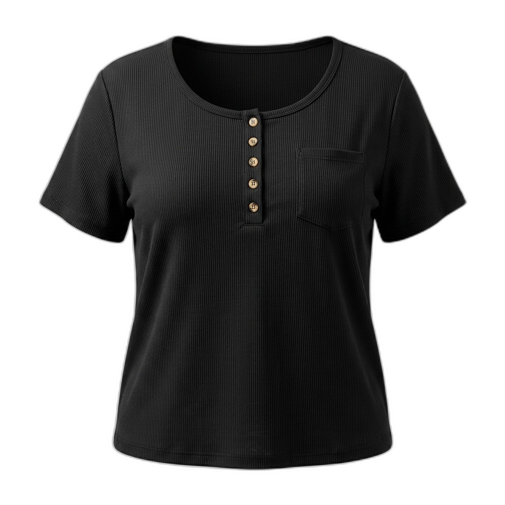 Black Ribbed Henley T-Shirt with Pocket