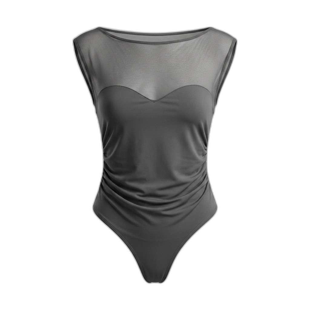 Dark Grey Mesh Panel Ruched Bodysuit for Women