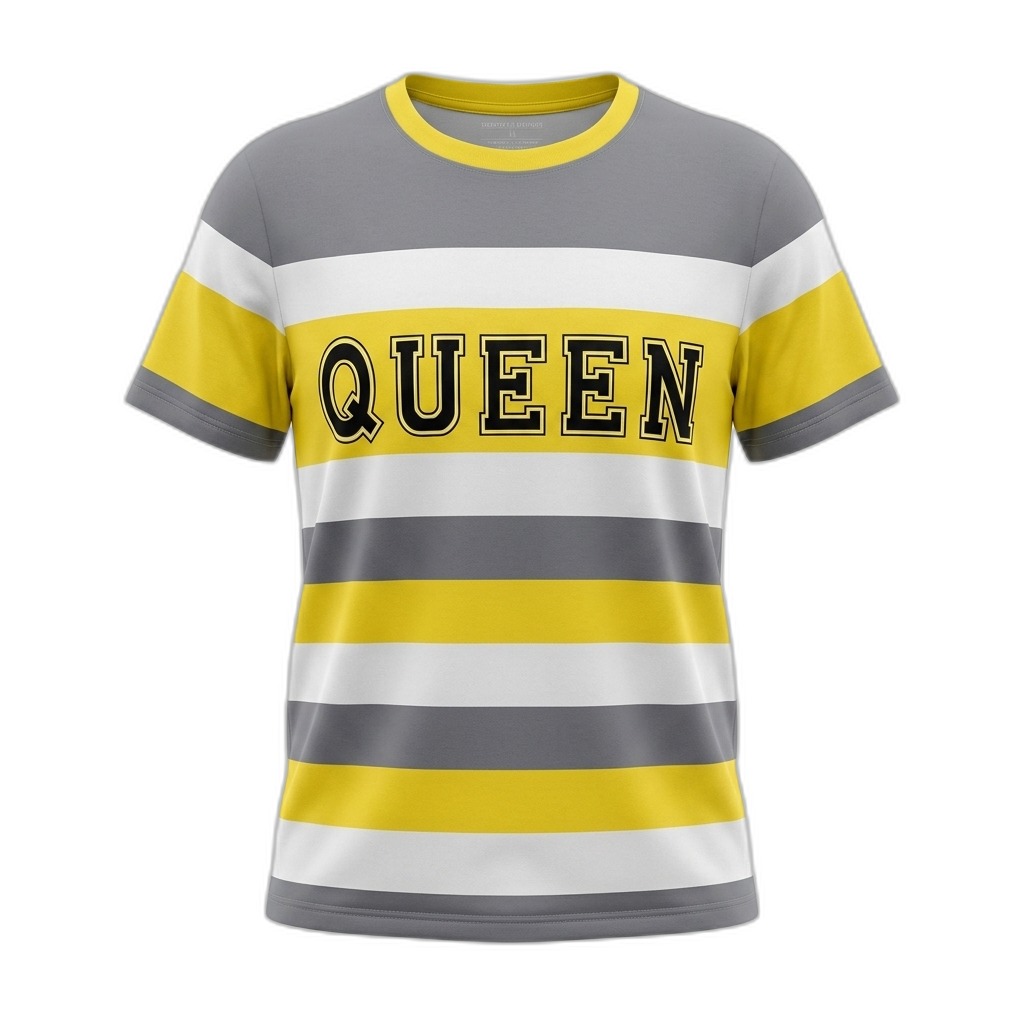 Unisex Striped 'QUEEN' T-Shirt | Grey Yellow White