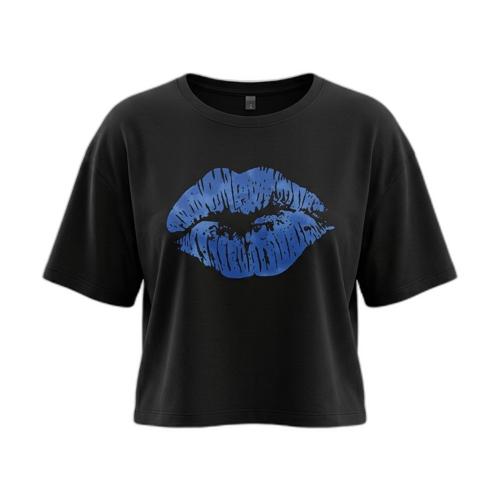 Black Blue Lips Print Crop Top for Women