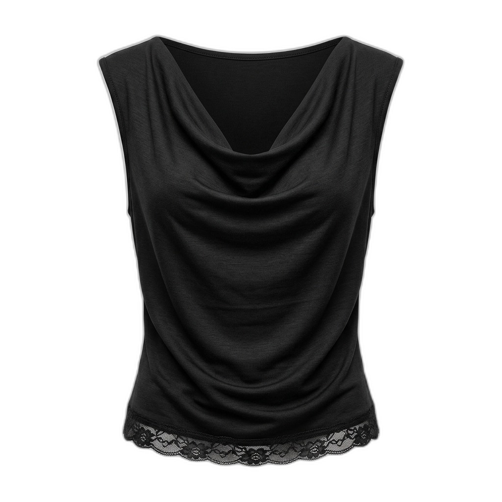 Black Cowl Neck Sleeveless Top with Lace Trim