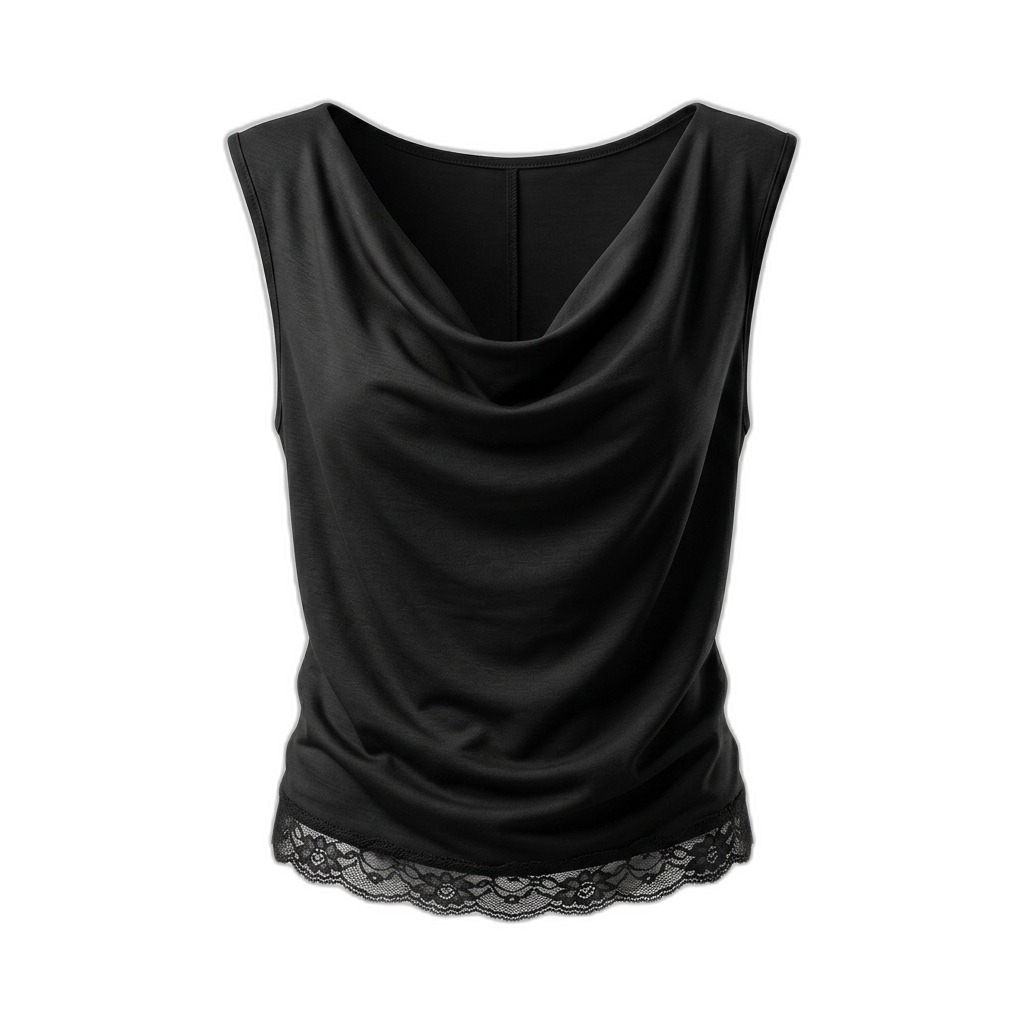 Black Cowl Neck Sleeveless Top with Lace Trim