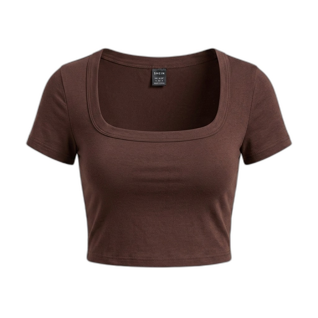 Brown Square Neck Short Sleeve Crop Top