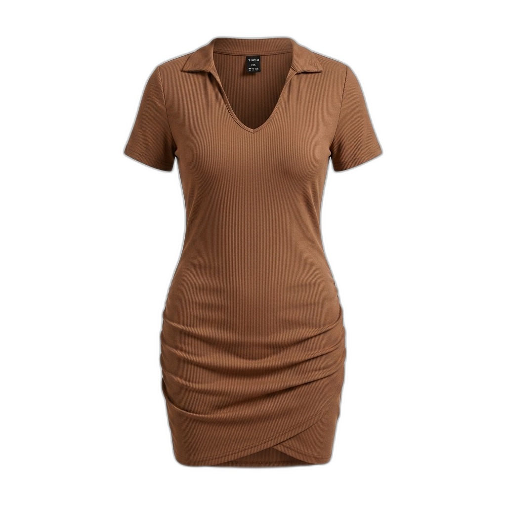 Women's Ribbed Collared V-Neck Mini Dress Brown