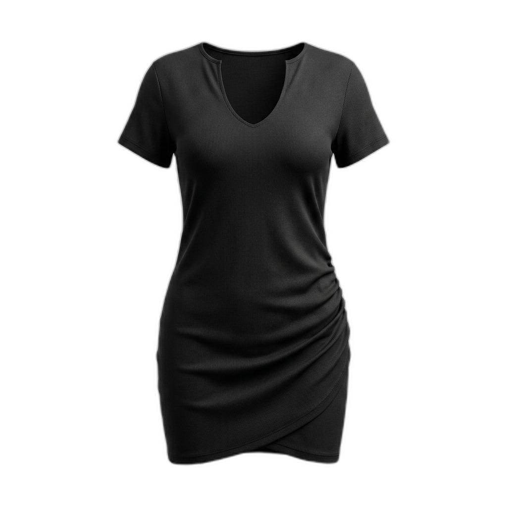 Black Ribbed V-Neck Ruched Mini Dress for Women