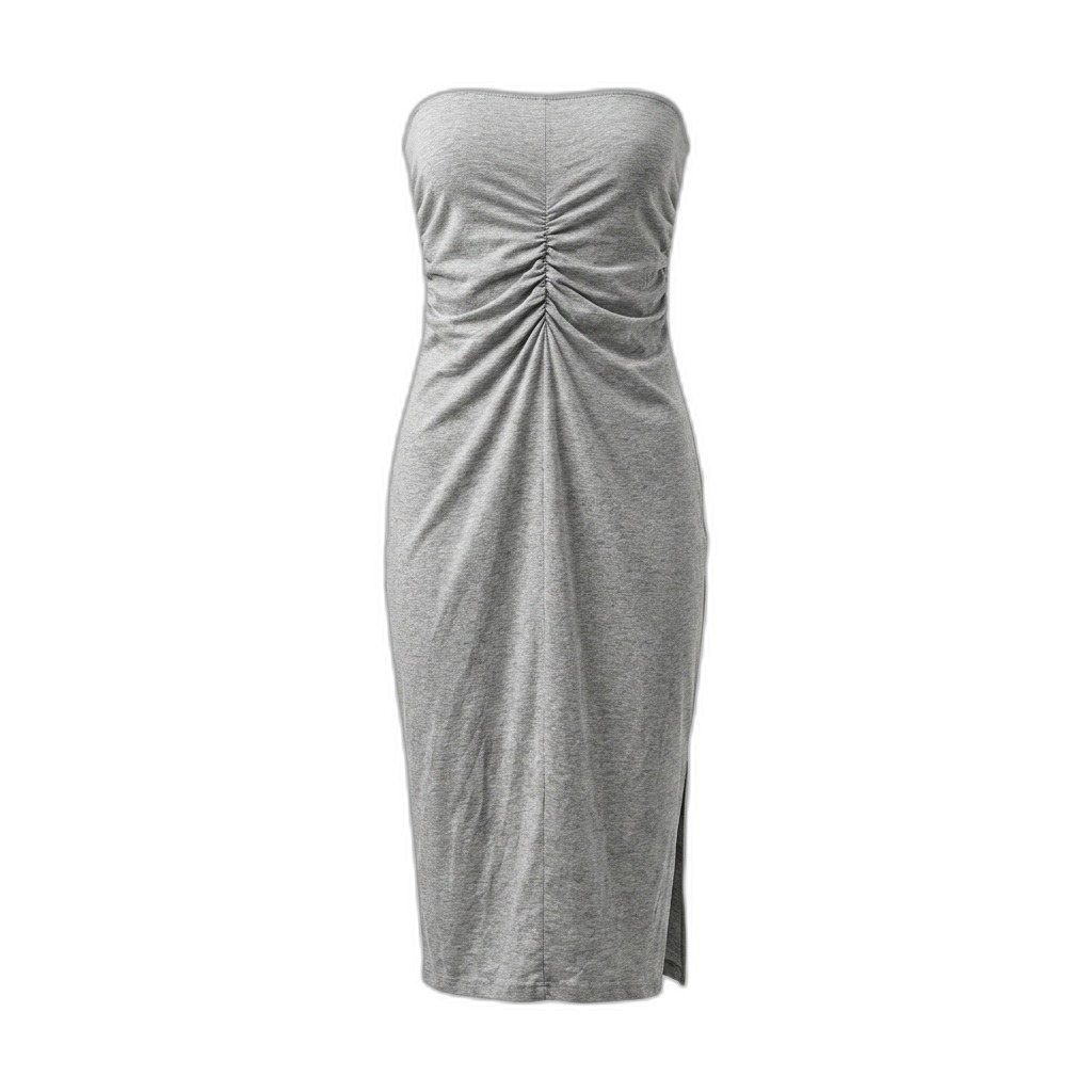 Grey Strapless Ruched Midi Dress for Women