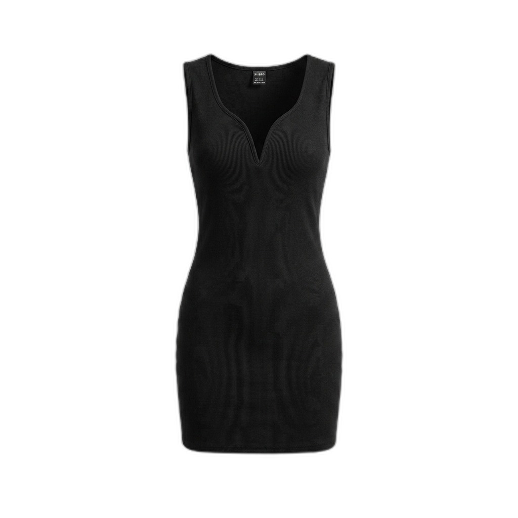 Black Ribbed V-Neck Mini Dress for Women