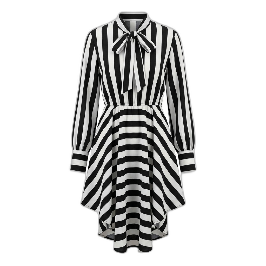 Striped Pussy-Bow High-Low Dress for Women