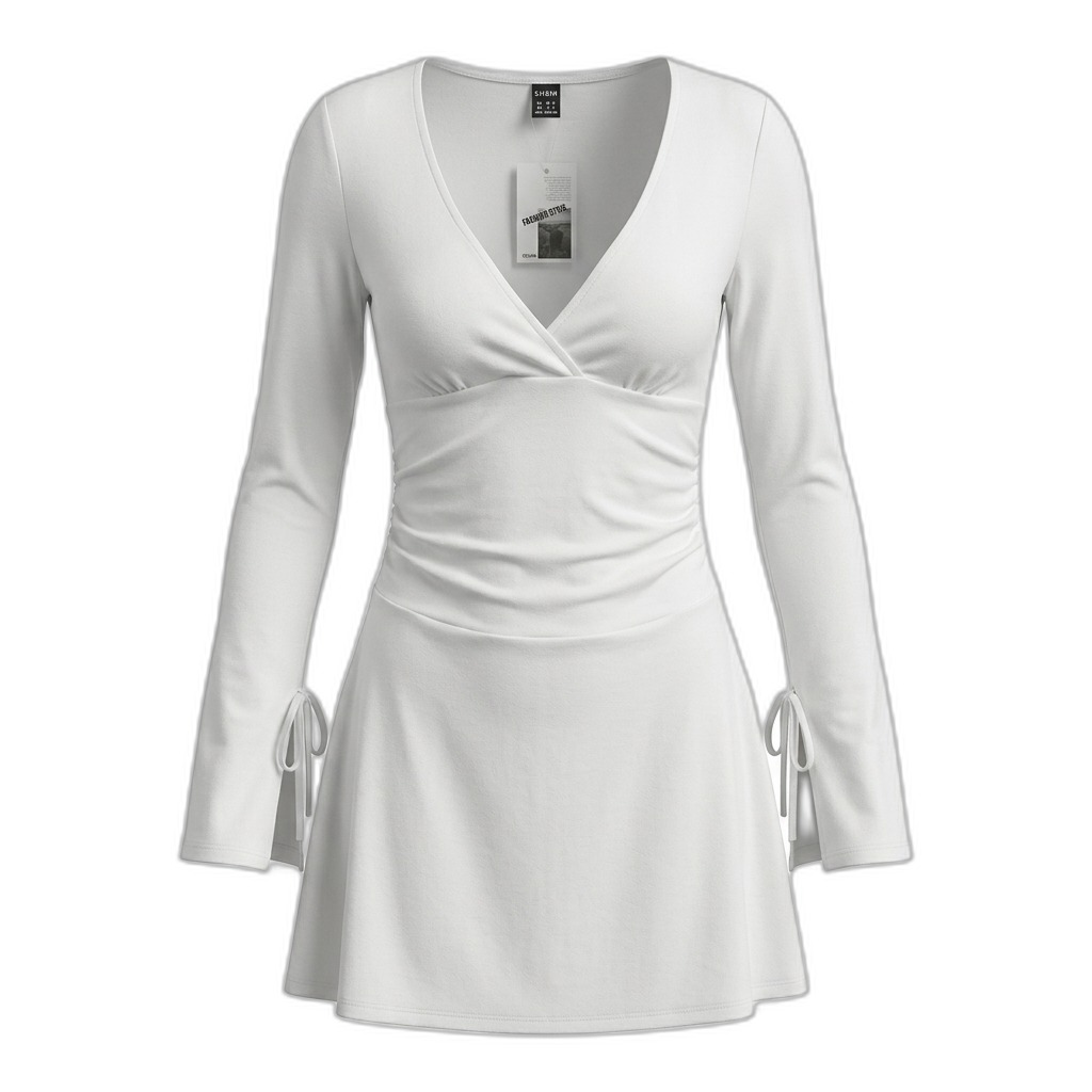 White V-Neck Ruched Long Sleeve Mini Dress