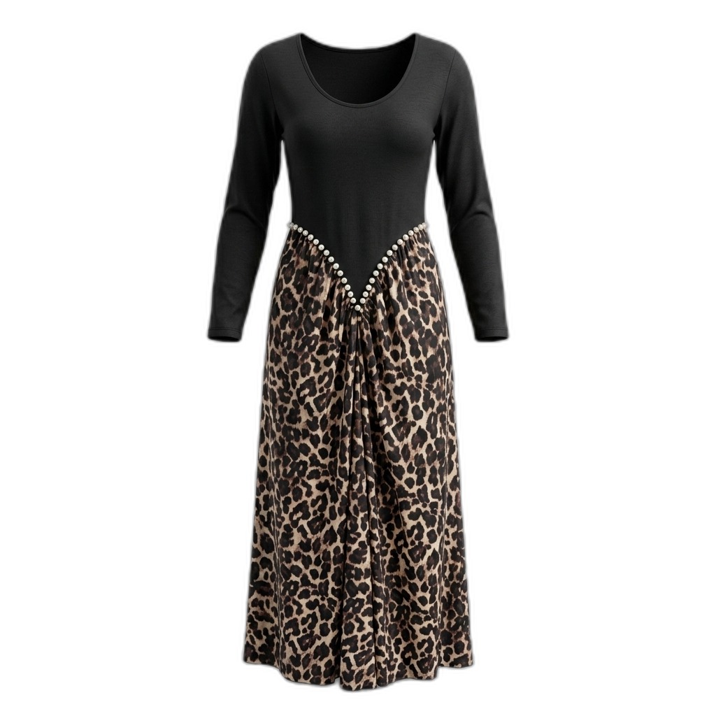Women's Black & Leopard Print Maxi Dress