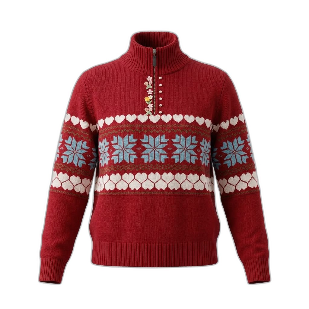 Women's Red Fair Isle Half-Zip Sweater