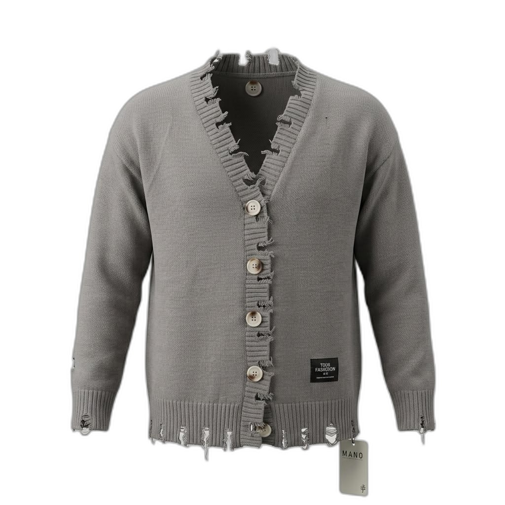 Grey Distressed V-Neck Cardigan
