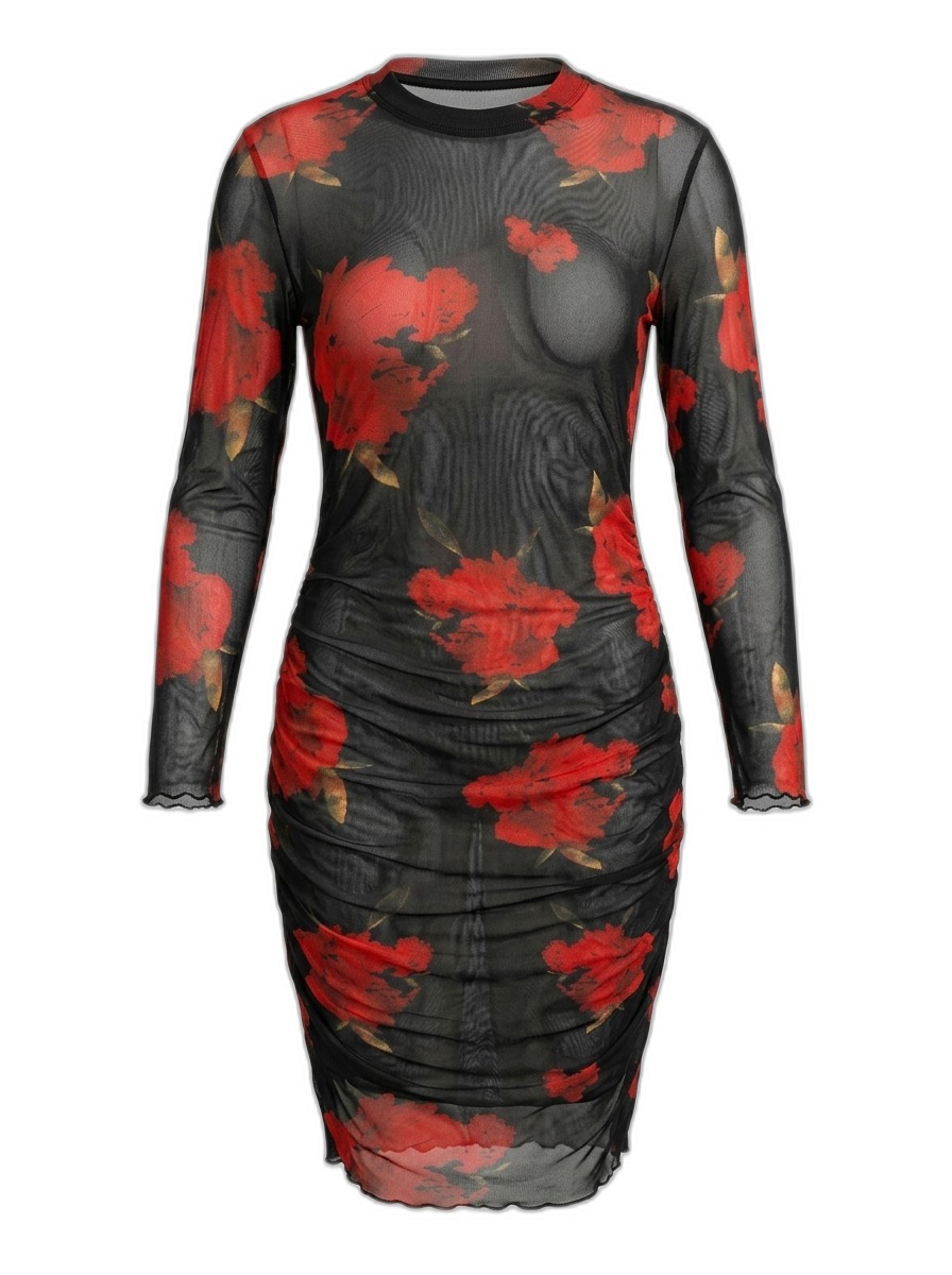 Floral Mesh Ruched Bodycon Dress for Women
