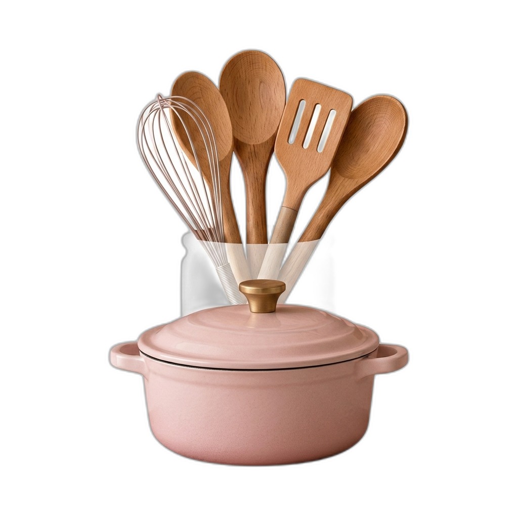 Pink Cast Iron Pot & Wooden Utensil Set