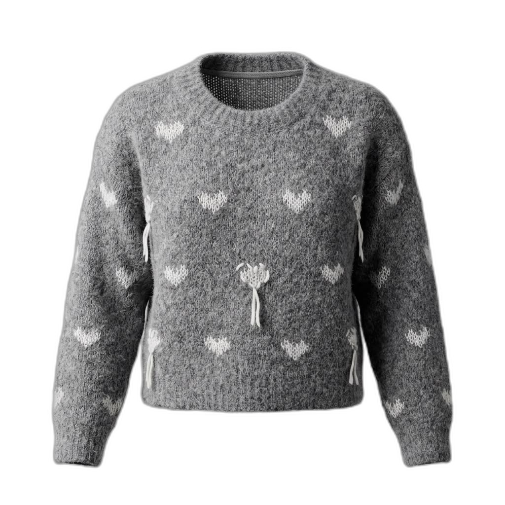Grey Heart Knit Sweater with Tassels