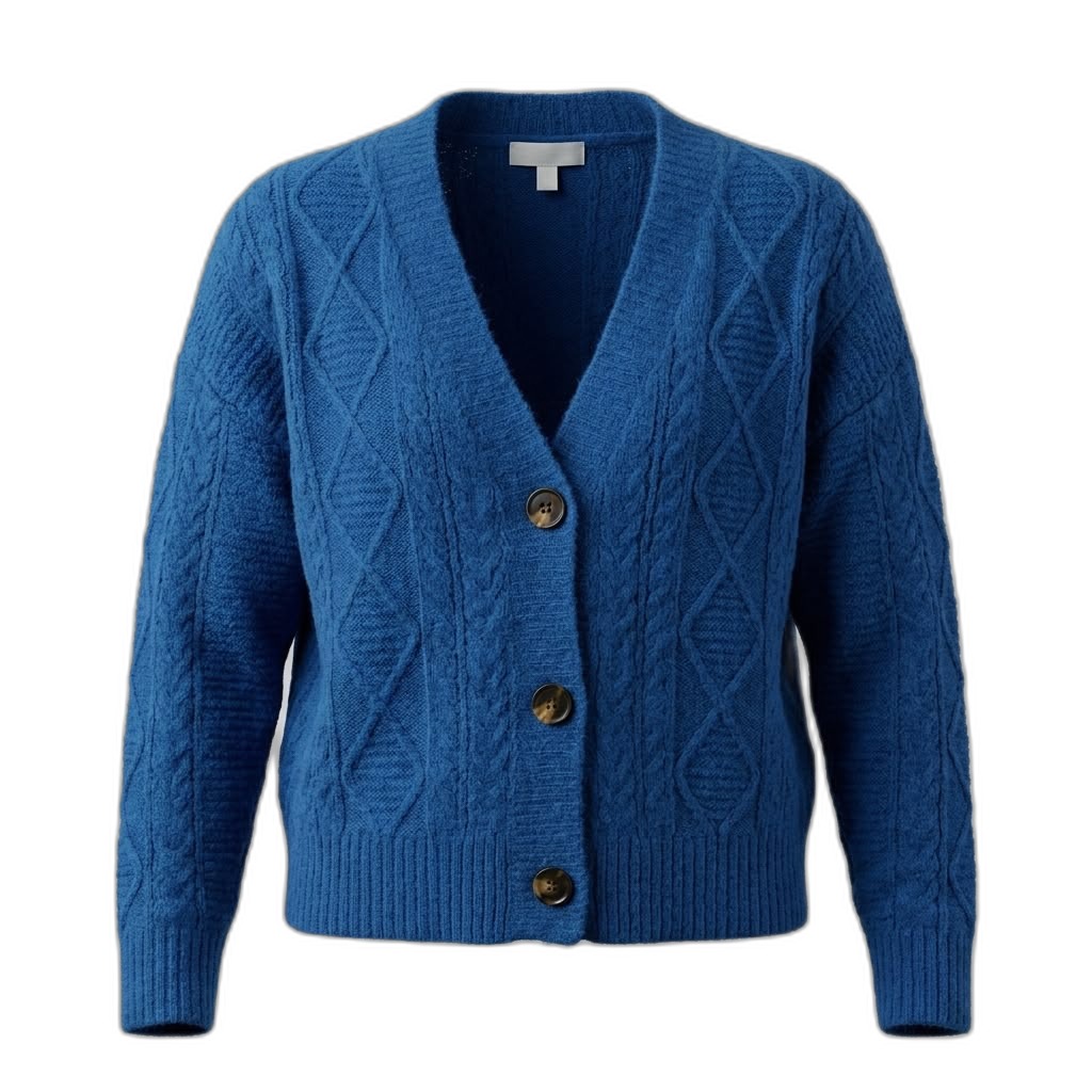 Women's Blue Cable Knit V-Neck Cardigan