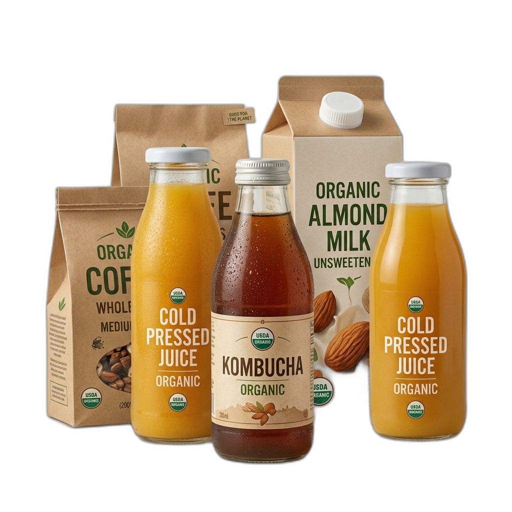 Organic Coffee, Juice, Kombucha, Almond Milk