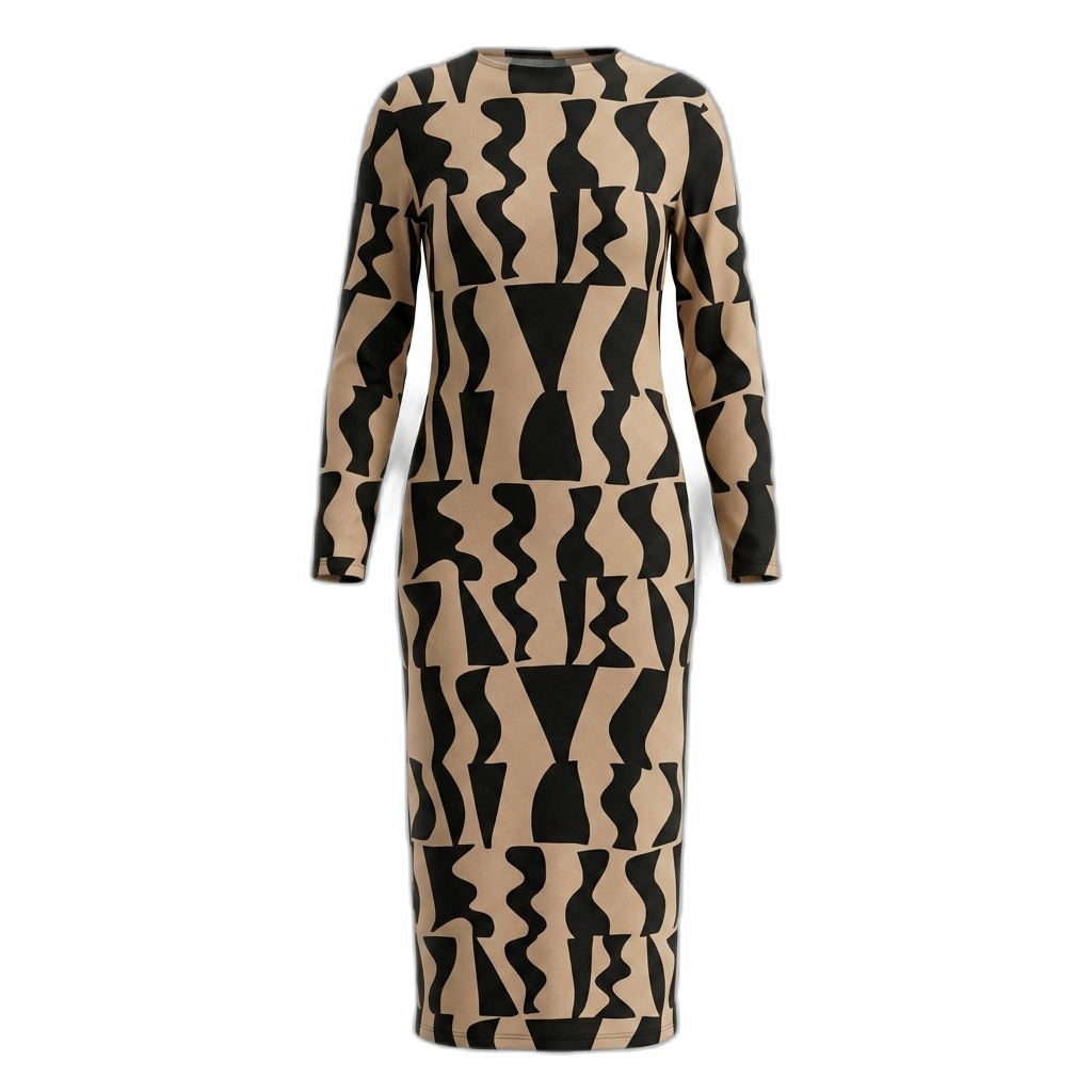 Abstract Print Long Sleeve Midi Dress
