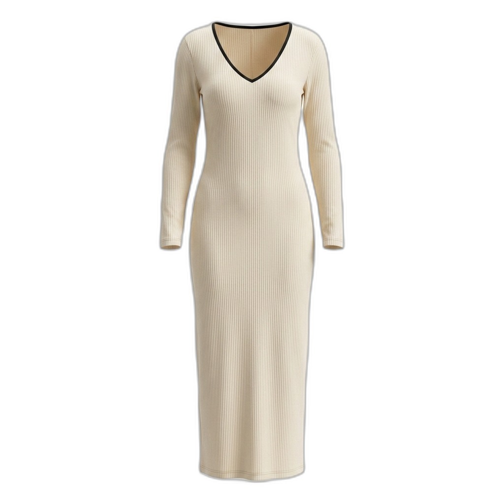 Ribbed Knit V-Neck Long Sleeve Midi Dress