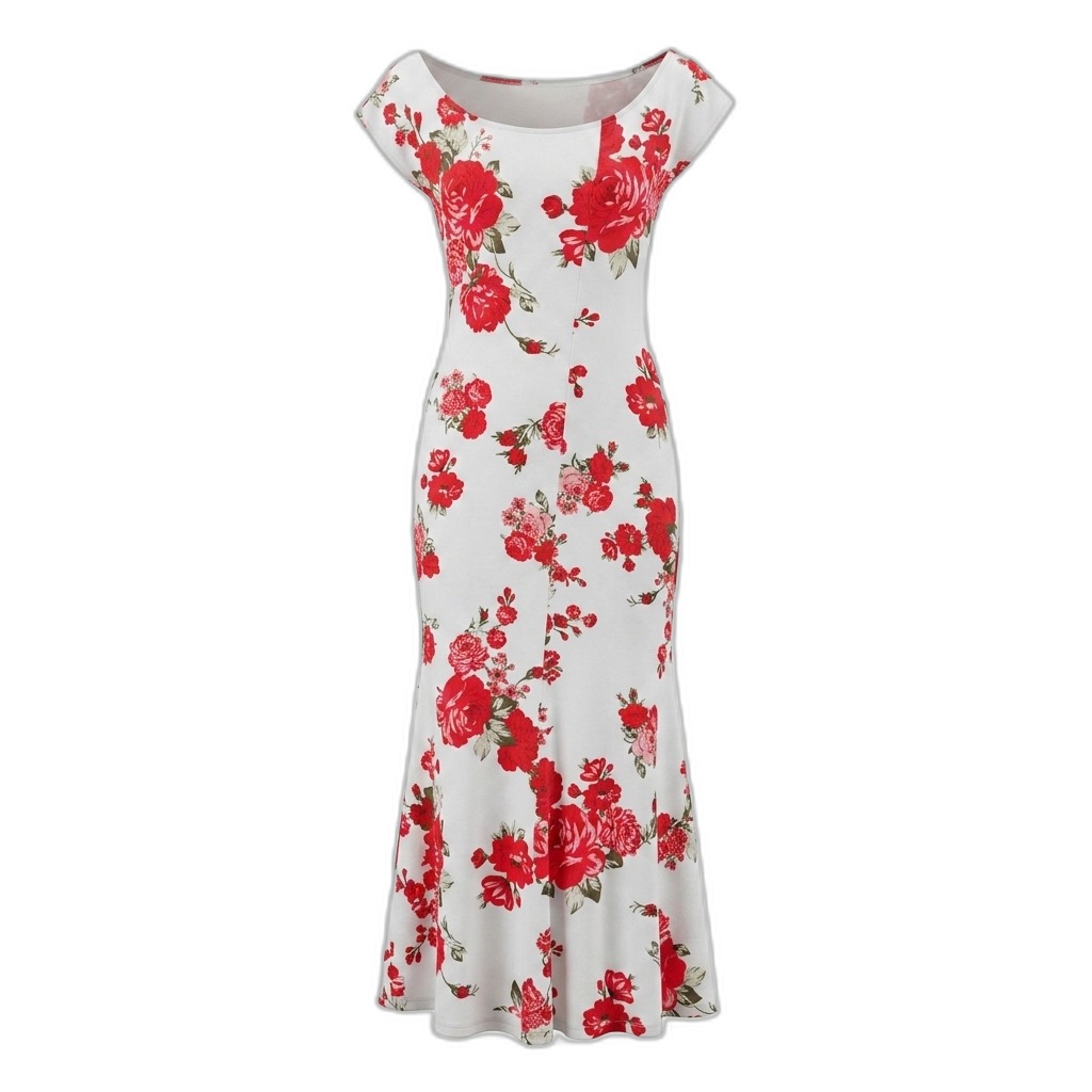 Red Floral Print White Mermaid Maxi Dress