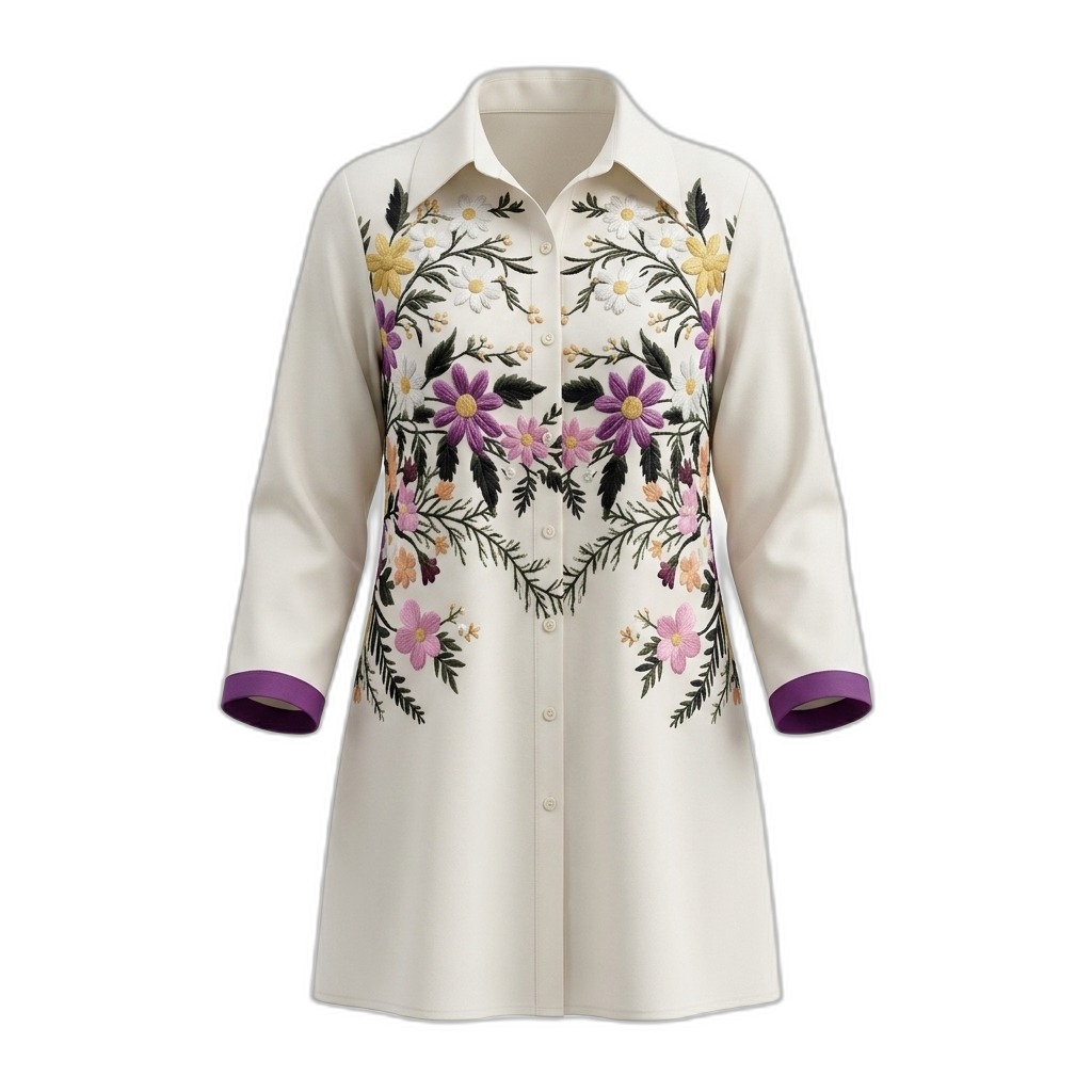 Floral Embroidered Tunic Shirt Dress for Women