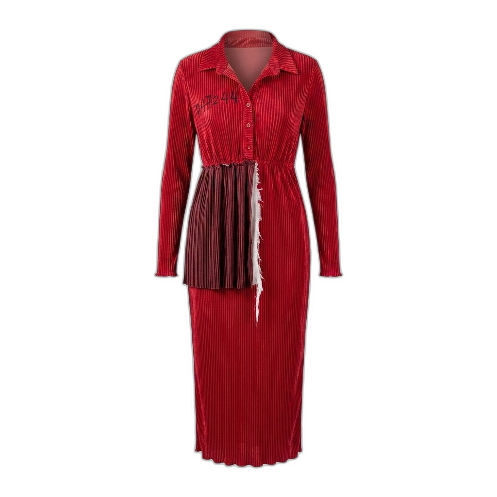 Red Pleated Midi Shirt Dress with Frayed Detail