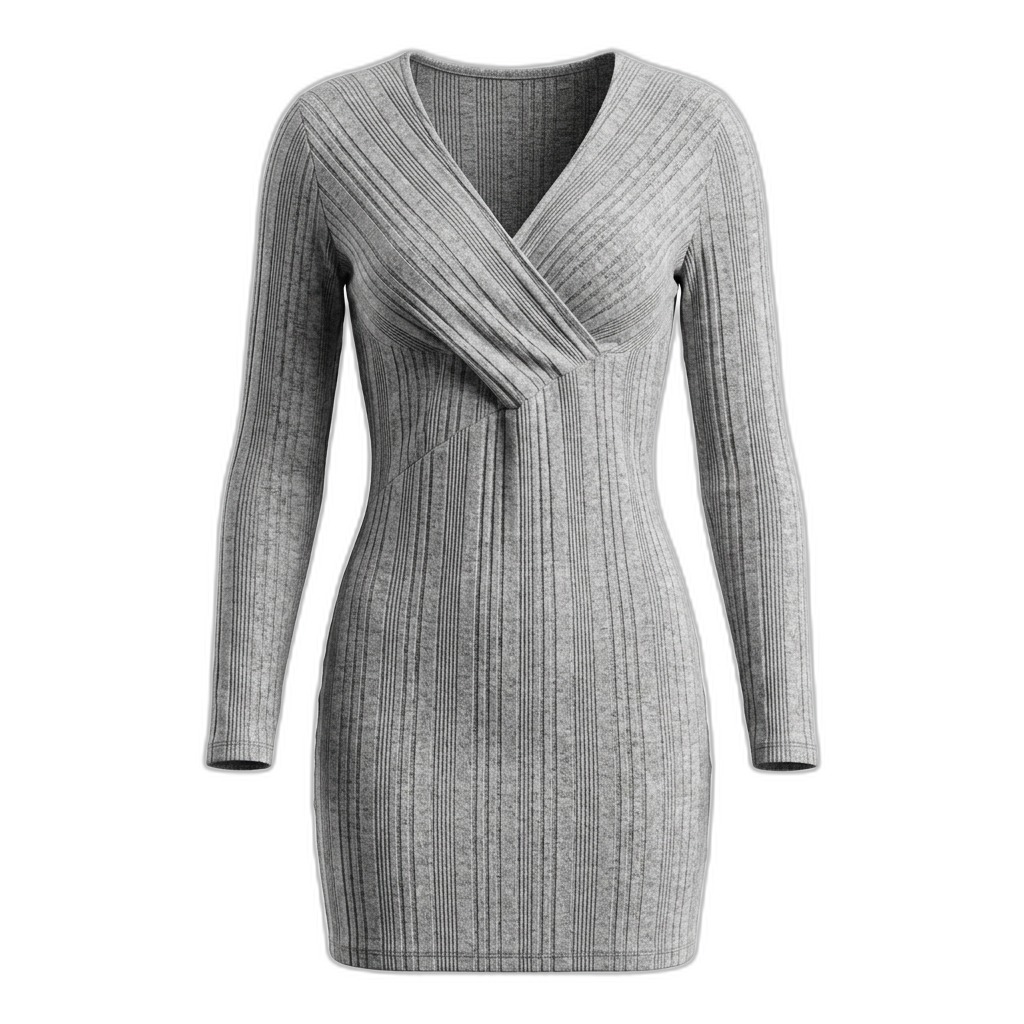 Ribbed Knit V-Neck Bodycon Dress for Women