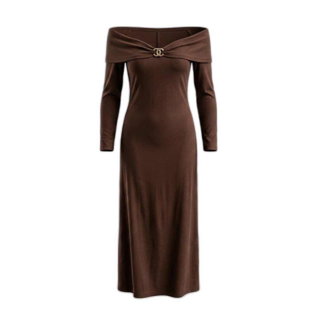 Brown Off-Shoulder Maxi Dress with Brooch