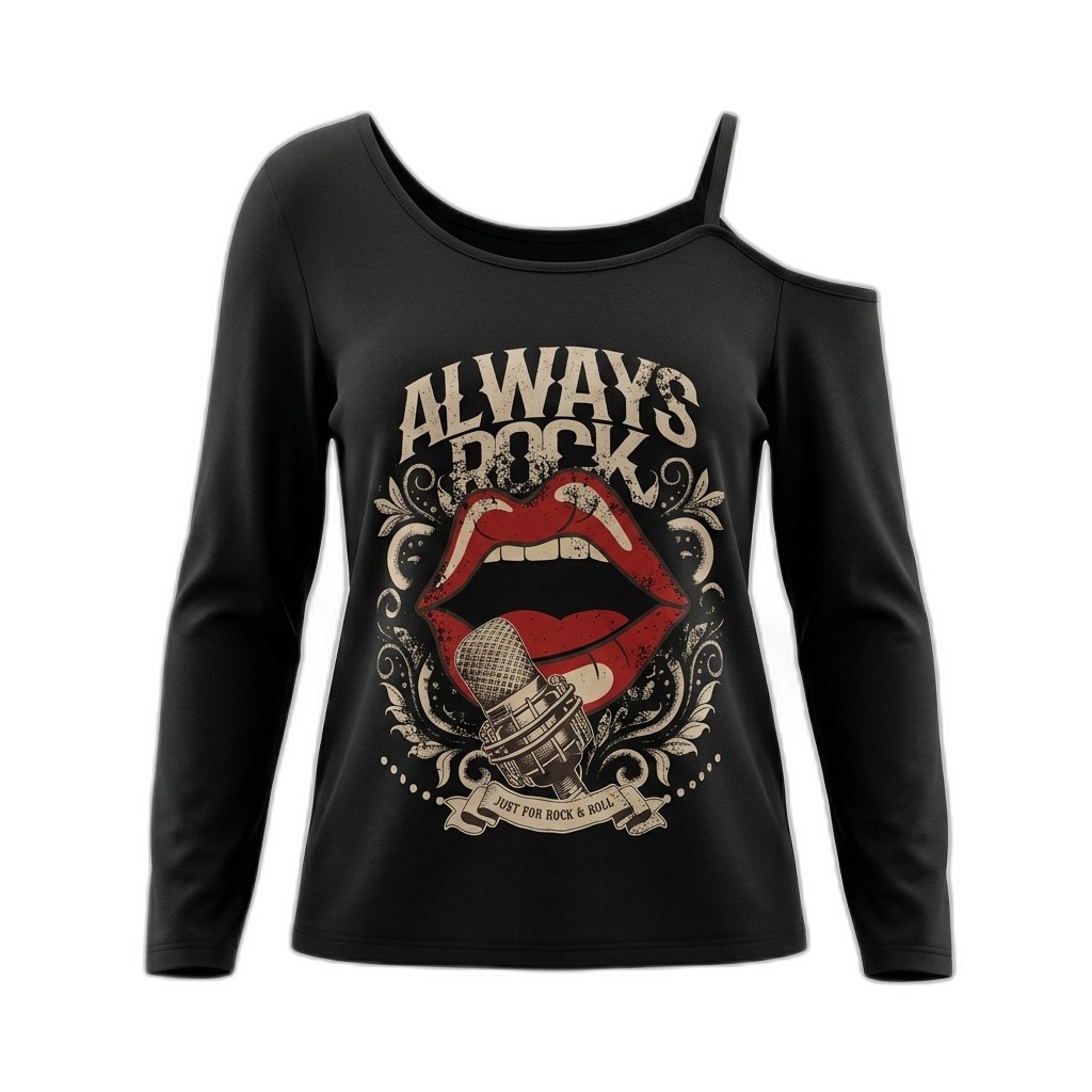 Women's Black Always Rock Graphic Cold Shoulder Top