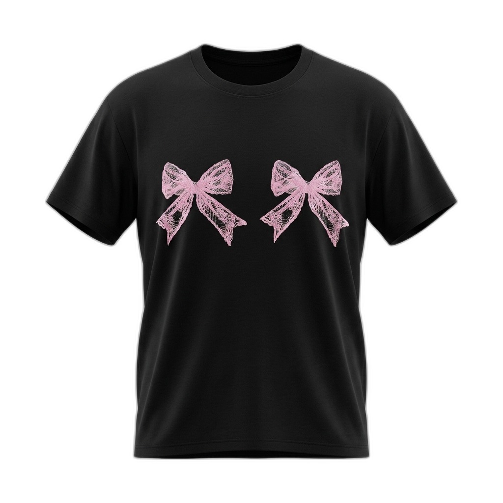 Black T-Shirt with Pink Bows for Women