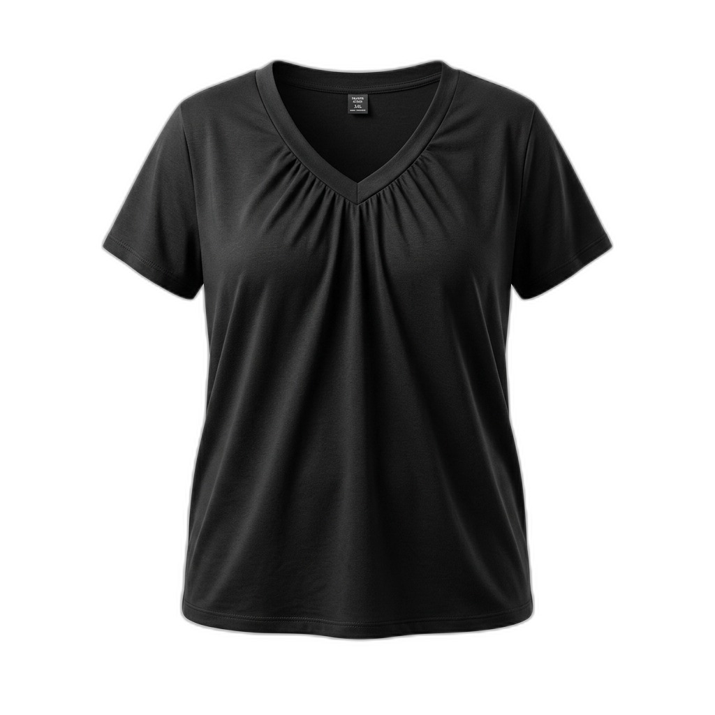Women's Black V-Neck Gathered T-Shirt